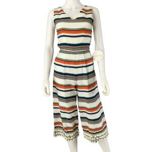 Avenue Womens Linen Blend Rainbow Stripe Jumpsuit sz XS Ankle Tie Back BOHO NEW
